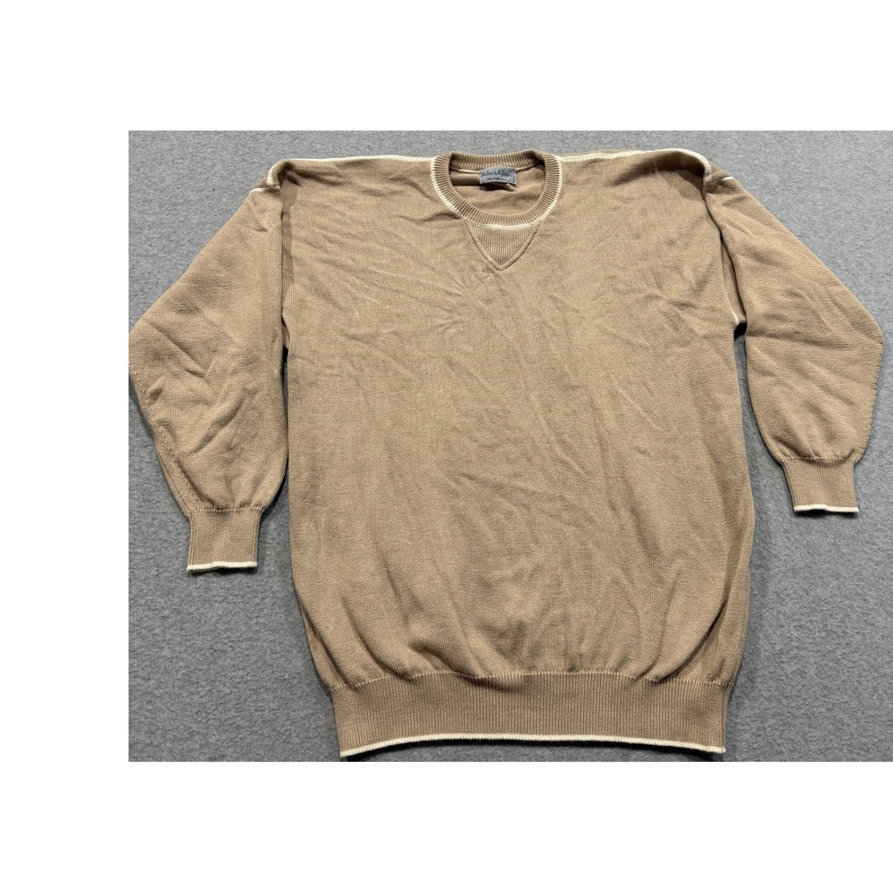 Bullock & Jones Made in Scotland Men Tan Crewneck Sweater Contrast Trim Large